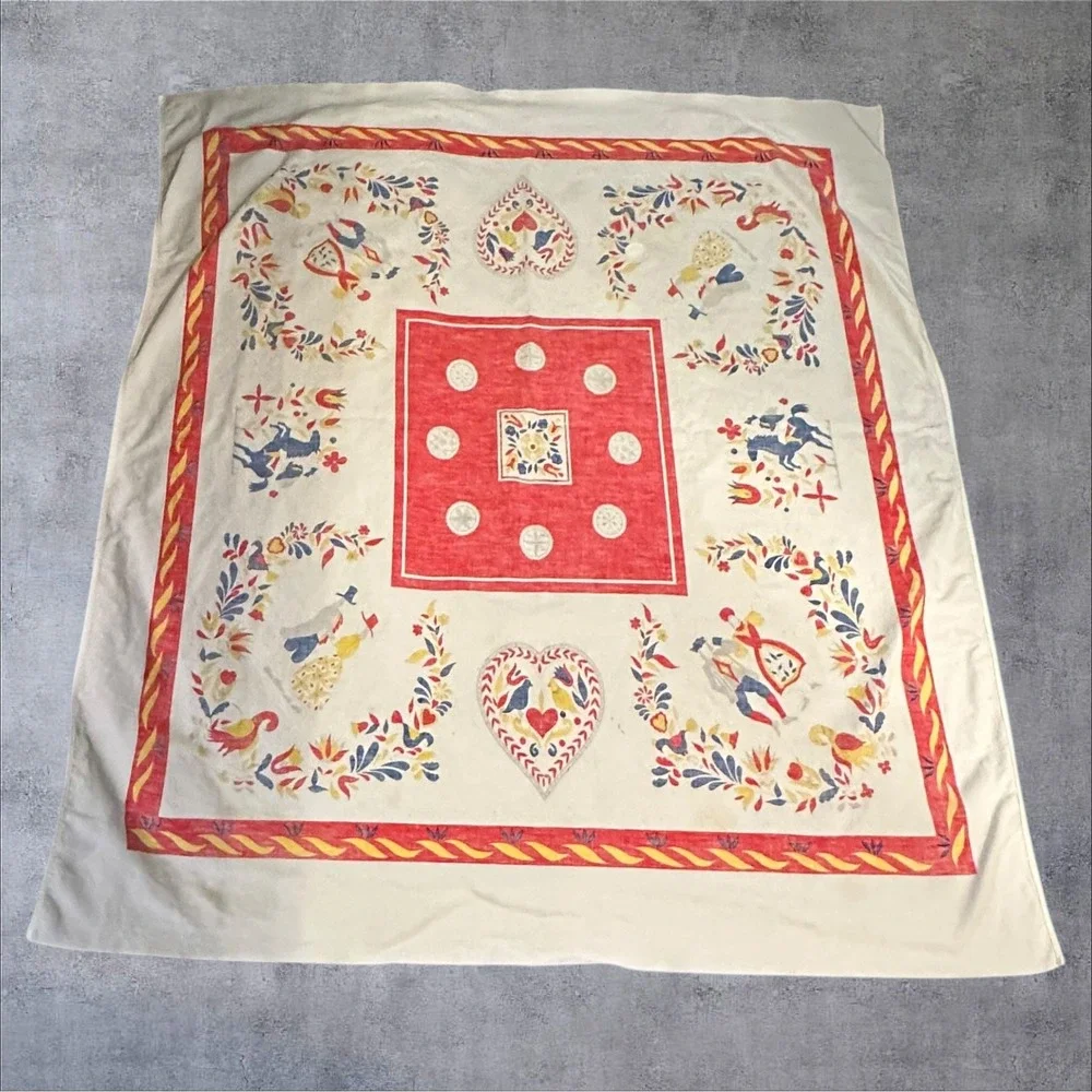 Vintage‎ Folk Art Tablecloth 51x44 Cream Red Scandinavian Heart